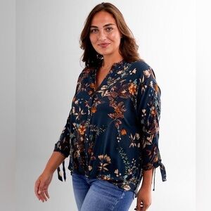 Daytrip New Womens Size M Floral Dolman Split Neck 3/4 Sleeves Tie‎ Detail Top